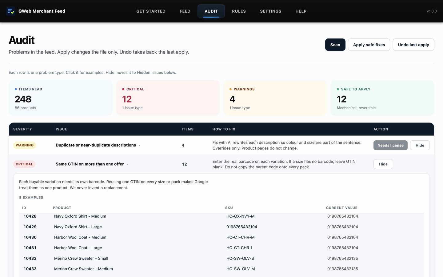 Audit: every problem type on one row, with counts and a one-click Apply