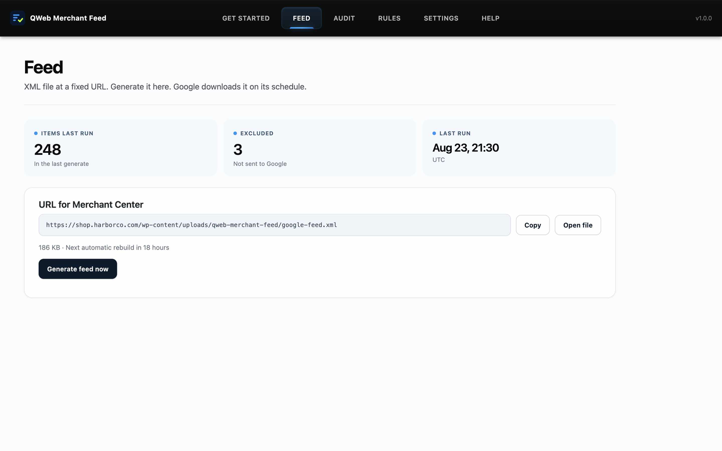 Feed: the stable URL Merchant Center fetches on its own schedule
